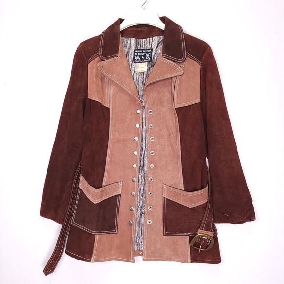Vintage 70s Two Tone Brown Patchwork Suede Leather Western Belted Jacket 15/16 - Picture 2 of 9